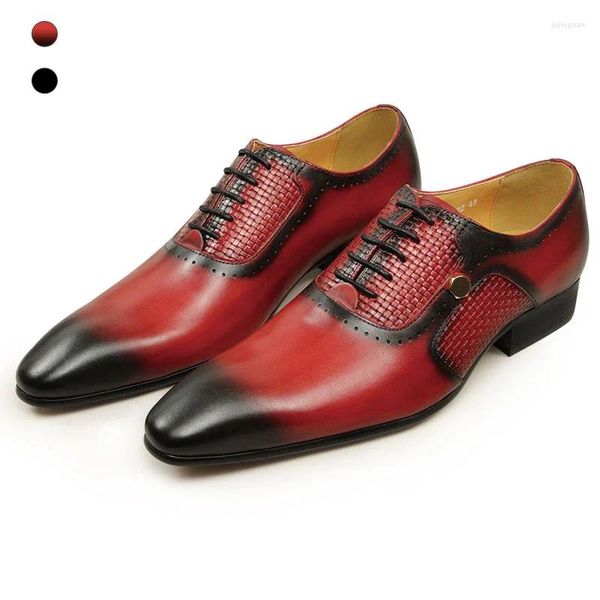 Scarpe per abiti Affari vintage per uomini intrecciati Design Brogue rosso Oxford in pelle puntata Modello tessuto di punta Lace Up Zapatos Hombre