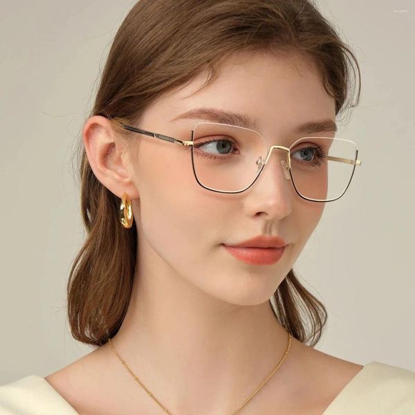 Sonnenbrille Metall Cat-Eye Halbrandbrille Frauen Trend dünne Rahmenrahmen Retro Anti-Blau-Licht-Mode-Verschleiß vielseitig einfach