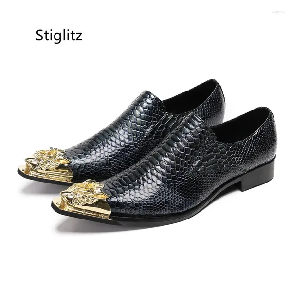 Vestido Sapatos Padrão de cobra Decoração de metal de couro genuíno Slip Slip On Casual Business Poened Office Man elegante