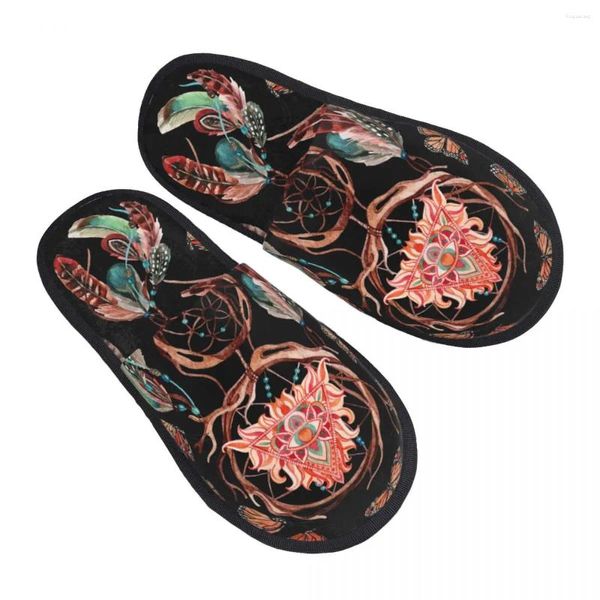 Slippers aquarela étnica apanhador de sonho com penas, todos vendo chinelos de olhos para homens homens fofos de inverno quente interno interno