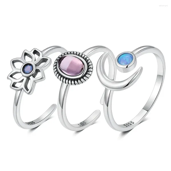 Ringos de cluster Boako 925 Sterling Silver Blue Opal Purple Gemstone Aberto para mulheres colorido lotus moon ring ring jóias finas jóias