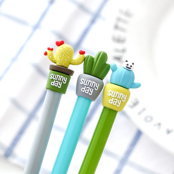 Pens 24 PCS Kaktüs Potted Jel Kalem Öğrencileri Tam Siyah Kırtasiye Kawaii Pen Kawaii Okul Malzemeleri