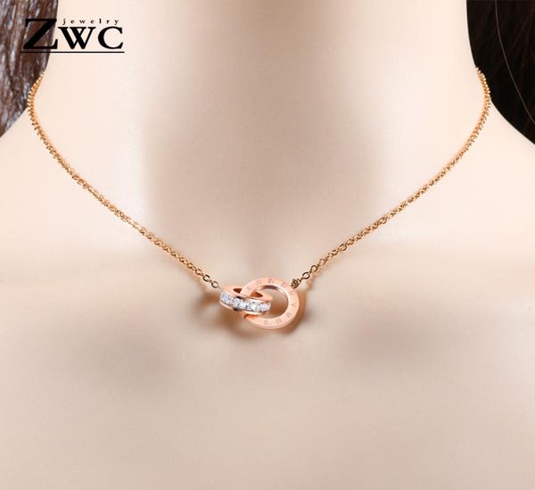 ZWC Fashion Charm Roman Digital Double Circle Pingente Colar para Mulheres Partido Meninas Titânio Aço Colares de Ouro Rosa Jóias 5408789