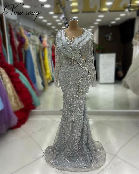 Abiti da festa aliver arabe maniche lunghe serata eleganti perline cristalli abiti da ballo 2024 aro ebi dubai abito da sposa personalizzato