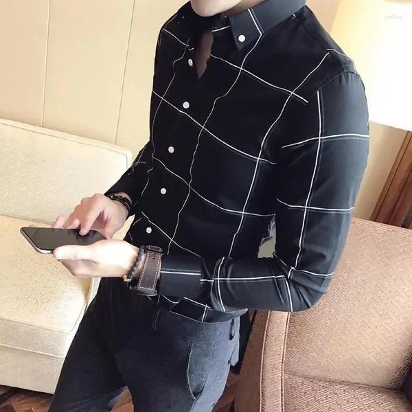 Camisas de vestido masculino Male Black Business Plaid camisa Verificação I de alta qualidade Button Luxury Up Sale Slim Fit With Sleeves Casual Brand