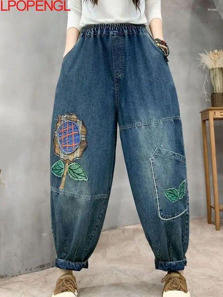 Jeans feminino moda 2024 Spring Premp Patch Patch vintage Wash Women Style Ethnic Styled High Stote Straight Loose Harem