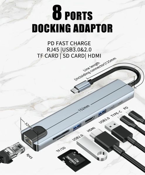 Hub 4/5/8/11in1 USB C HUB 3.0 Ayrıştırıcı Tip C Dock Multiport Adaptörü 4K HDMI RJ45 Ethernet Giriş Bağlantı Noktaları MacBook İPad Xiaomi