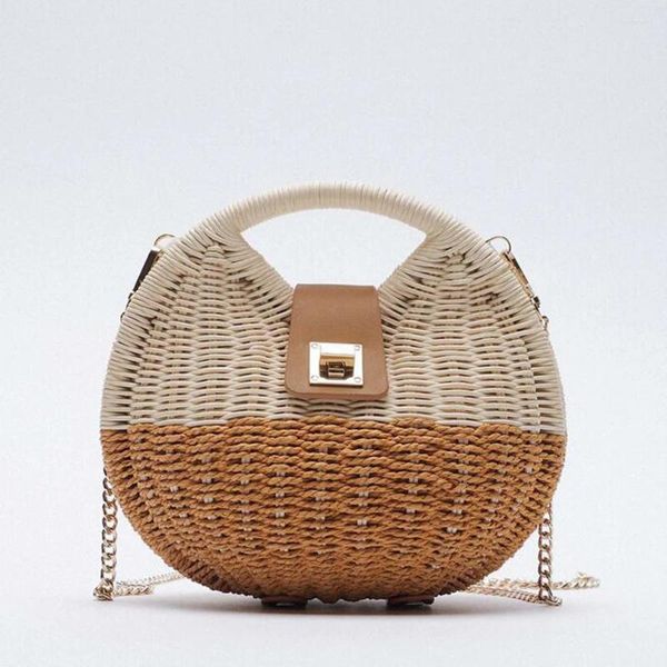 Umhängetaschen Frauen Handtasche runde Kettenstrohbeutel Mode Weiden gewebt Rattan Crossbody 2024 Böhmenbaum