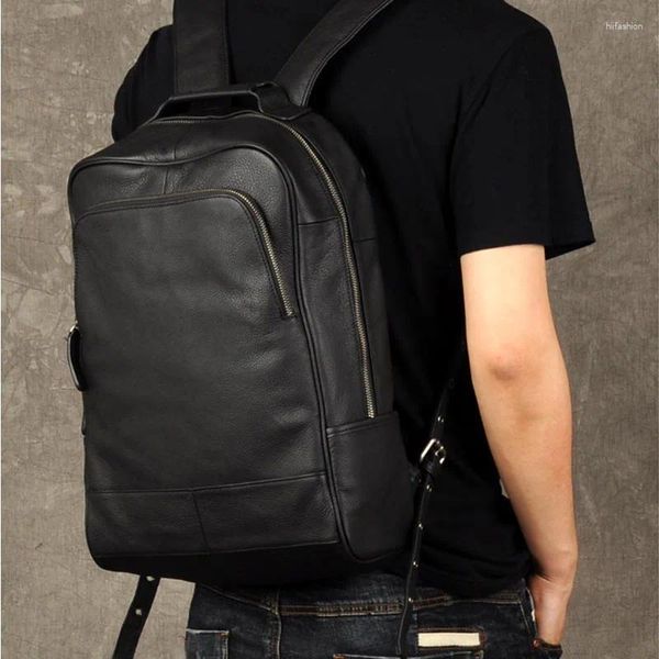 Rucksack weiches echtes Leder für Mann Laptop schwarzer Cowskin Big Travel Rucksack School Tasche Männliche Taschen Taschen