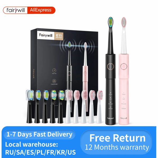 Heads Fairywill Sonic Electric Zahnbürste E11 wasserdichte USB -Ladung mit 8 Bürstenersatzköpfen schwarz und rosa Set für Paare