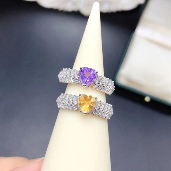 Clusterringe schillernden natürlichen Gemstone -Ring für das Engagement 6mm Herzform Amethyst Citrine 925 Silber mit 3 Schichten 18k Gold plattiert