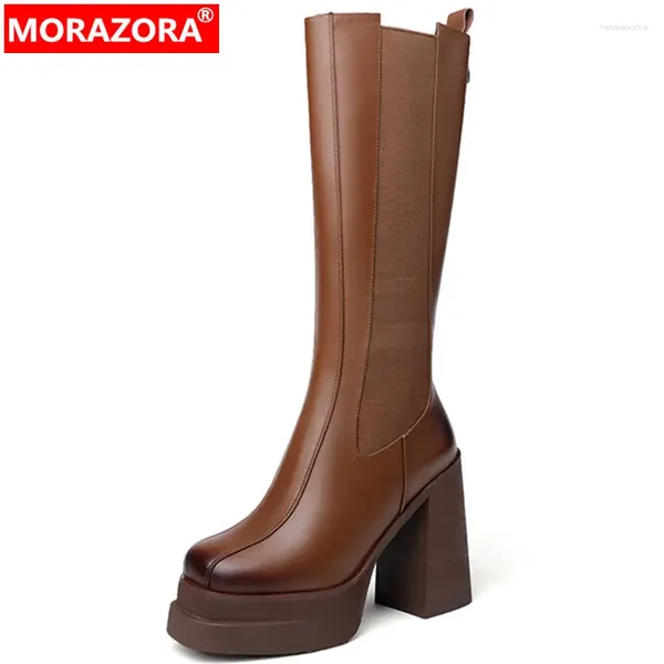 Botlar Morazora 2024 Zipper Kış Diz Yüksek Gerçek Deri Kadınlar Kalın Topuklu Platform Ayakkabıları
