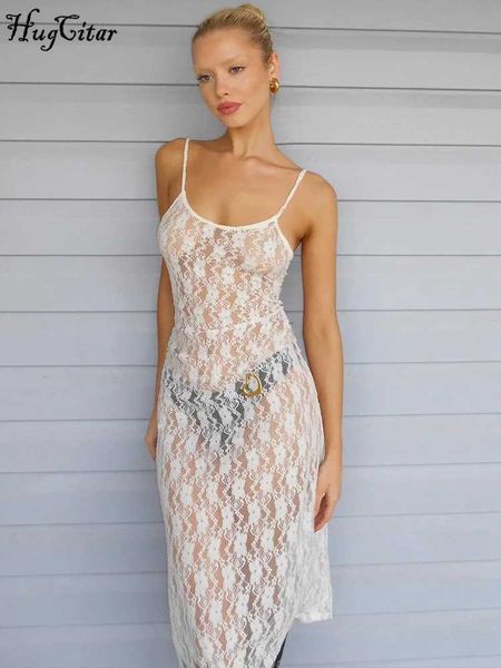 Abiti sexy urbani Hugcitar Mesh Flower Stampa in pizzo senza schienale See attraverso sexy Slips Maxi Dress 2023 Summer Women Outfit Beach Festival Y240420