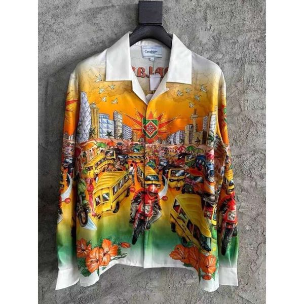 New Casablanca Designer Silk Casual Casual Street Motorcylie Print Seção fina de lapela casual Hawaiian Beach Homens e mulheres de seda camisa de manga longa Top Casablanc