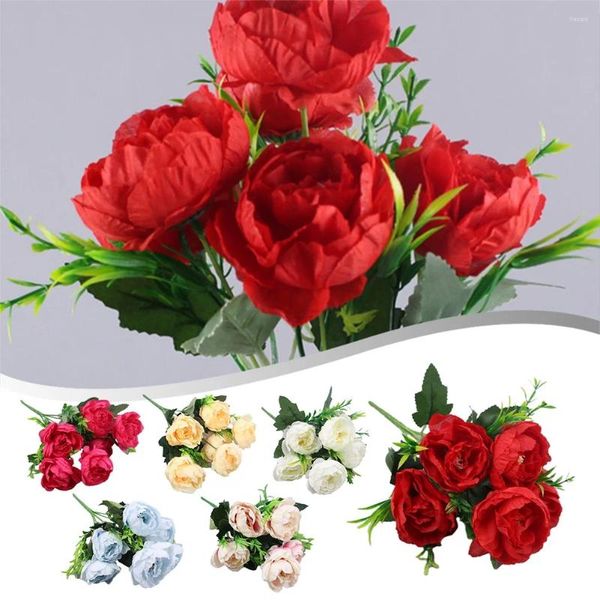 Flores decorativas 6 peonias simuladas buquê de buquê artificial rosa vermelho decoração de casamento de seda falsa casa floral falsa