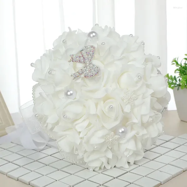 Fiori decorativi Y-P006 Welesale Wedding Pearl Arificial Flower Hand che tiene bouquet da sposa con strass per arredamento