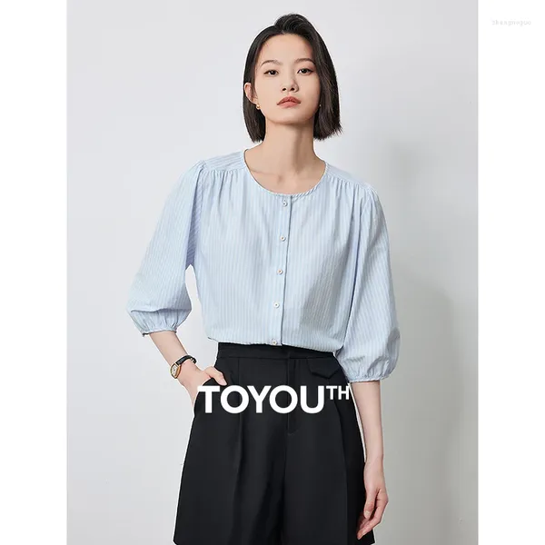 Blusas femininas Toyouth Women camisa 2024 Verão azul e branco do pescoço redondo lanterna lanterna de meia manga top