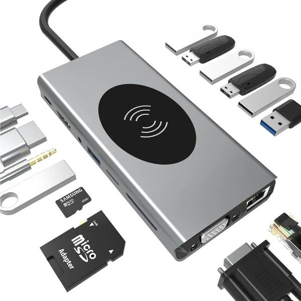 Bir Type-C Docking İstasyonu USB-C-HDMI Ağ Port VGA Hub Mobil Telefon Kablosuz Şarj
