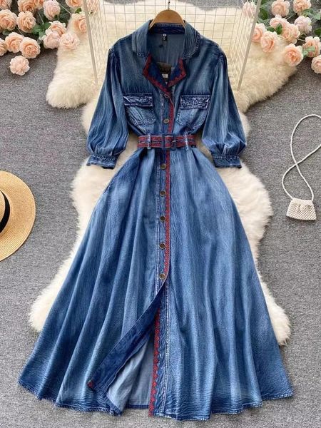 Lässige Kleider Frühling Herbst Fashion Vintage Elegant Denim A-Line Party Urlaubsrobe Frauen Polo Langarm Langarm hoher Taillenknopf Kleid