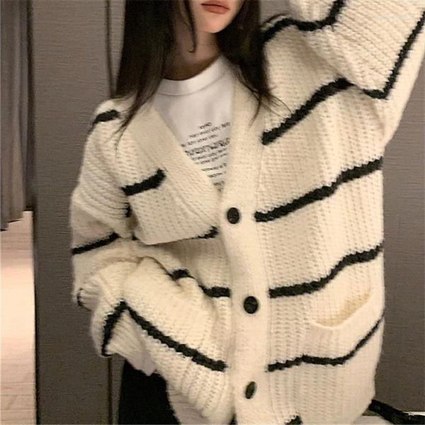 Malhas femininas femininas estampas listradas de bolso solto Cardigans Coats Autumn Spring Knitwear Sweaters Baggy Pymy-My908