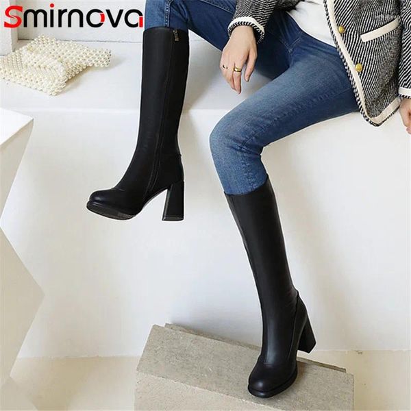 Stivali Smirnova 2024 Knee High Women Heels Shoes Fashion Shoes PU Round Toe Zip Simple Autunno Inverno Nero