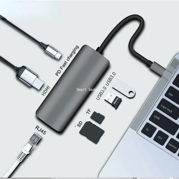 Estações 7 em 1 USB C Hub Typec para HDMI RJ45 Gigabit Ethernet USB3.0 SD/TF PARTE DO ADAPTADOR DE CARREGO FAST