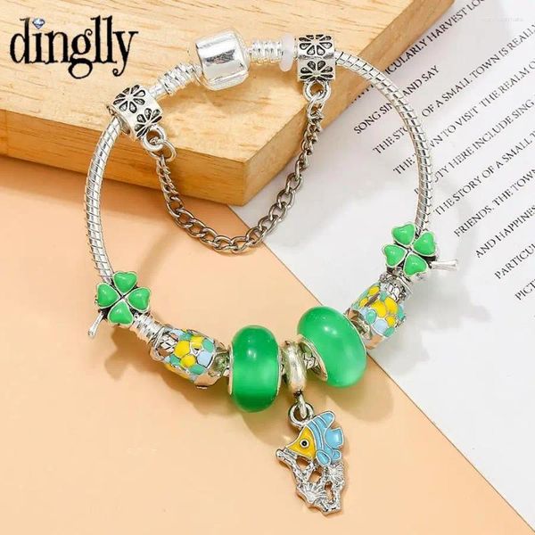 Pulseiras de charme Dinglly Cyan Green Underwater Coral e peixe para menino menina DIY Minchas Lucky Bangle Silver Color Jewelry Kids