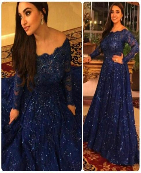 Vestidos de noite azul royal brilhando BATEAP OFING OMBRO MANEIRA LONGA LACE LACINE PLUS TAMANHO MYRIAM FARES ÁRABA FARES DRESTES6267371