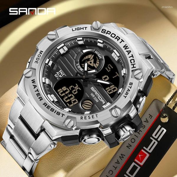 Armbanduhr Sanda Military Sports Mens Watch Doppel Display Elektronisch Timing Wecker Edelstahl wasserdicht digital