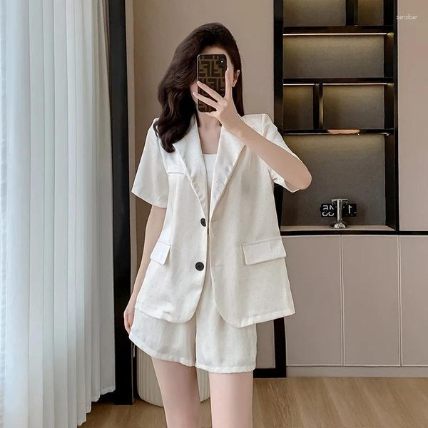 TRABALHO MULHERES Moda de verão Branco de duas peças conjunto mulheres entalhadas diamantes de peito único dividido Blazer solto de blazer de altura