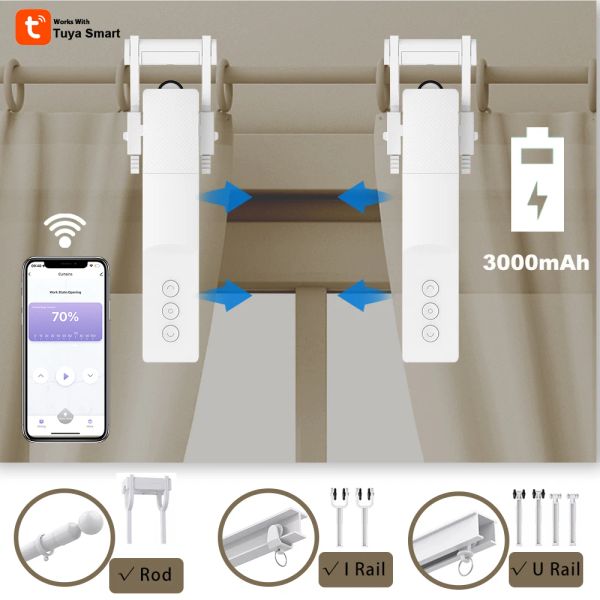 Controle robô de cortina inteligente Tuya, WiFi Curtain Motor Smart Life App Fit to Electric Curtain Rail Track Rod I U Support Alexa Google Home