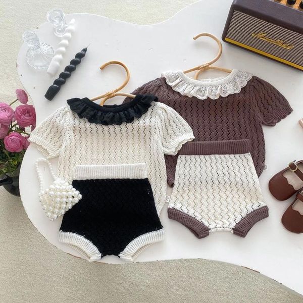 Kleidungsstücke Mädchen Kinder Lotus Kragen Strickanzug Mädchen Baby gestrickt Hohl aus dünne Tops Shorts 2pcs Kinder Baumwolle Atempullover T-Shirt Anzug