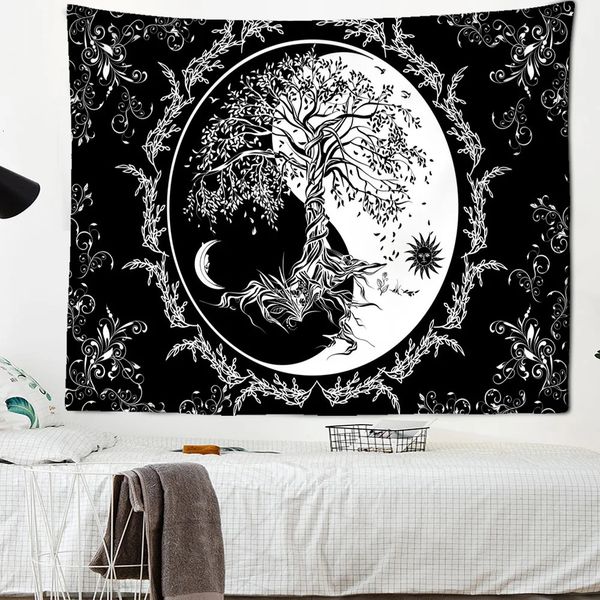 Panno bianco da parete bianco trippy sole luna bohemian hippie arazzo psichedelico yin yang art albero della vita muro coperta 240409