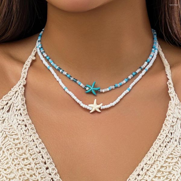 Anhänger Halskette Kunjoe Bohemian gemischte Farbe Reis Perlen Sternenfisch Halskette Set für Frauen Männer Fashion Strand CHOKER SCAVILE Kette Schmuck Schmuck