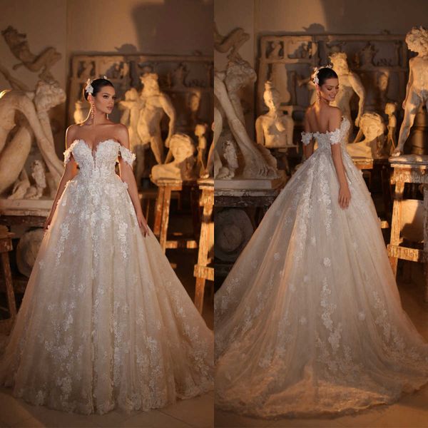 Fantezi Kapalı Omuz Gelinlikleri 3D Çiçek Aplikler Gelin Gowns Bir Çizgi Arka Çıkmaz Özel Yapımı Süpürme Tren Elbise Vestido De Novia