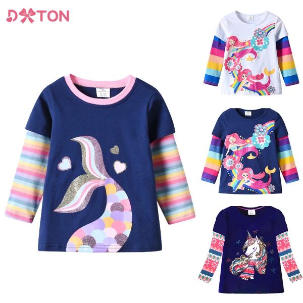 Camisetas dxton femininas roupas de manga longa tshirts crianças sereia cauda tops para crianças desenhos animados casuais tee de algodão