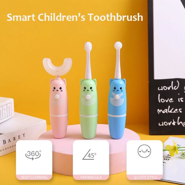 Köpfe Kinder Sonic Usthaped Zahnbürste Batterie Kinderreinigung Pinsel 360 Grad Automatisch IPX6 wasserdichtes Cartoon Muster