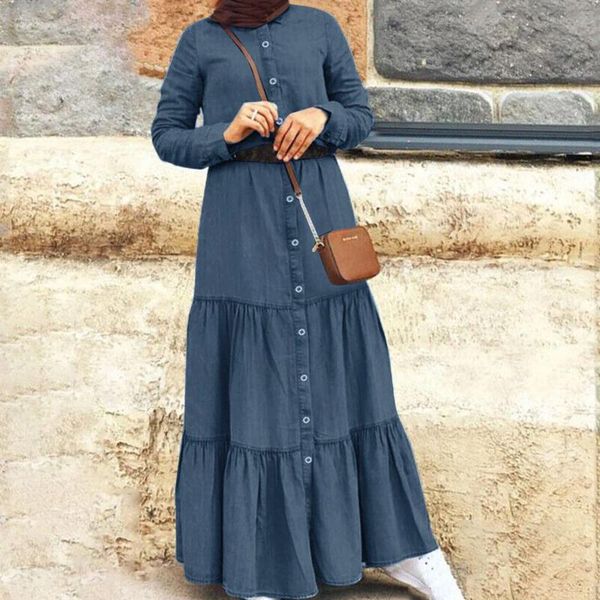 Abiti casual Donne Domande in denim vintage Solido vestito di moda a strati strati per manica lunga collo rotondo elegante eleganti bottoni quotidiani sciolti giù maxi