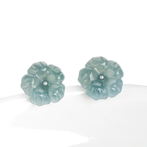 Ohrringe Natural Agrade Jadeit blau Pfirsich Blüte Ohrringe mit Eissamen Jade Blütenblätter S925 Silber Eingelegtes Antiquitätenstil Frauenschmuck