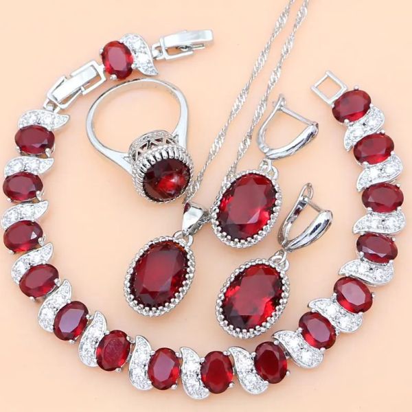 Strands Ruby Red 925 Jóias de prata Conjunto de joias de birthstone Mulheres brincos/pendente/colar/anéis/bracelete Festival do dia dos namorados Presente do Dia dos Namorados