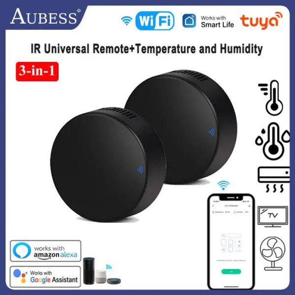 Kontrolle Tuya WiFi 3in1 Smart IR Universal Fernbediener+Temperatur- und Feuchtigkeitssensor Arbeit mit Alexa Google Home Smart Life