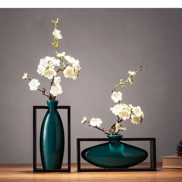 Vasen China klassisches Zubehör Blume Home Retro Frame Vase Quadratweit zweiteiliger Desktop Out Hohldekoration Keramik