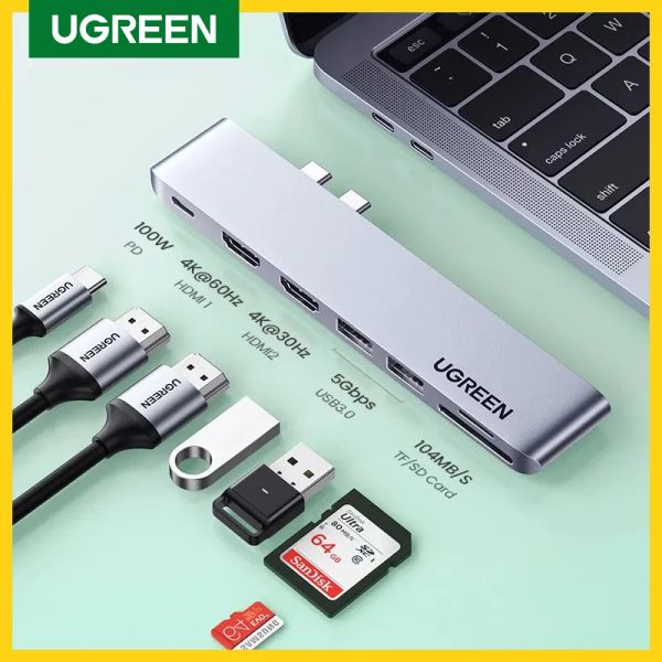 Hubs ugreen USB C Hub dual tipoC para USB 3.0 4KHDMI para M2 M1 MacBook Pro Air Air Adapter Thunderbolt 3 Dock USB C 3.1 Porta Tipo C Cub