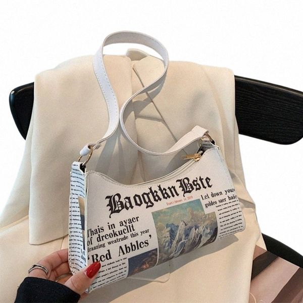 FI -Umhängetaschen für Frauen Zeitung bedruckte Lederpeakpit Handtasche weibliche Achselgrundstück Kupplung Z8WU#