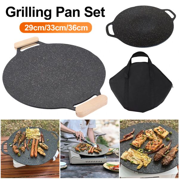 Accessoires Backschale Nicht -Stick BBQ Grill Pan Induktion Kocher Runde Anti -Verbricht -Pfanne Pan Pan Storage Bag für Camping -Haushaltewerkzeuge