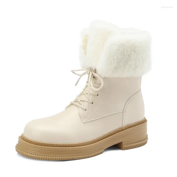 Stiefel Frauen Leder Faux Woll -Knöchel kleiner Winter schwarz weiß braun brauner Ferse Stiefel Mode Schnürung runde Zehenplattform Schuhe