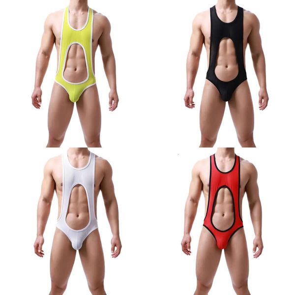 Mesh Herrenbodysuit sexy Trikot mit Jockstrap, krottelfreier Wrestling -Unterwäsche in Schwarz - W0412