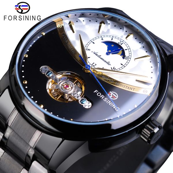 Kits Forsining Vintage Mechanical Watch Men Automatic Black Tourbillon Moon Phase Edelstahlband Business Uhren Uhr Relogio