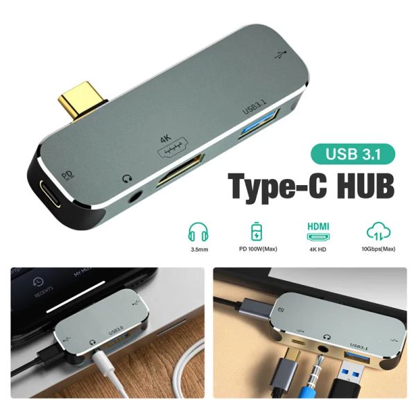 Hubs USB C Hub 4K Adaptador HDMI USB C TIPO C Jack de áudio USB 3.0 PD 100W Dock para MacBook Pro Air USBC Tipo C 3.1 Splitter USBC Hub