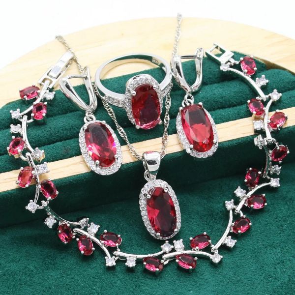 Strands Red Ruby 925 Conjuntos de jóias de prata para festas de casamento feminino Brincos de colar de colar Caixa de presente Pingente